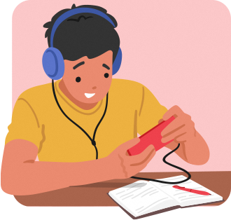 A boy using his phone while a notebook is in front of him 