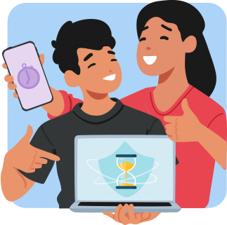 A girl and a boy showing thumbs up while holding a phone and a laptop