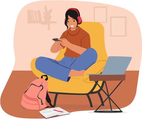 A girl using her phone and headphone while sitting on a chair