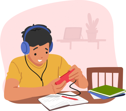 A boy using his phone and headphone while a notebook is infront of him