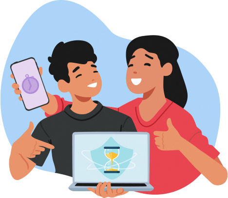 A girl and a boy showing thumbs up while holding a phone and a laptop