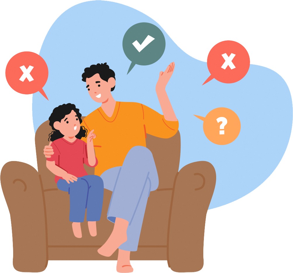 Parent talking to their child on the couch