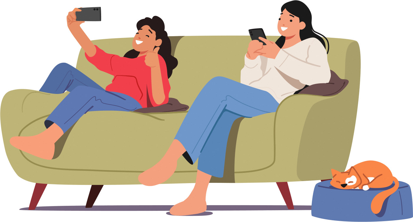 A parent and their child sitting on the couch and using their phones