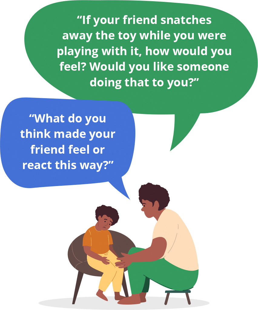 If your friend snatches away the toy while you were playing with it, how would you feel? Would you like someone doing that to you? What do you think made your friend feel or react this way?