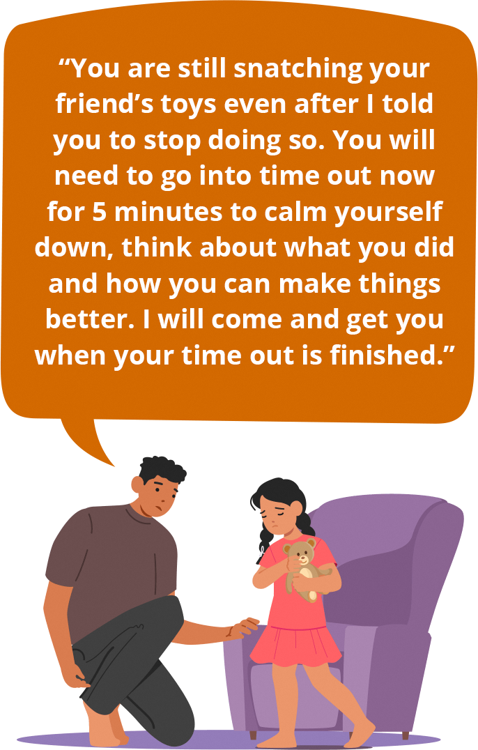 You are still snatching your friend’s toys even after I told you to stop doing so. You will need to go into time out now for 5 minutes to calm yourself down, think about what you did and how you can make things better. I will come and get you when your time out is finished.