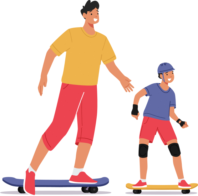 A parent and their child skateboarding