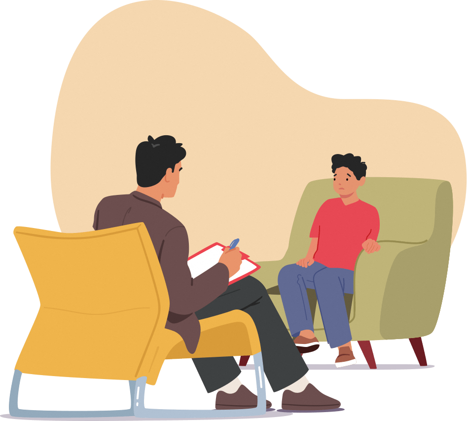 A kid talking to a counselor 