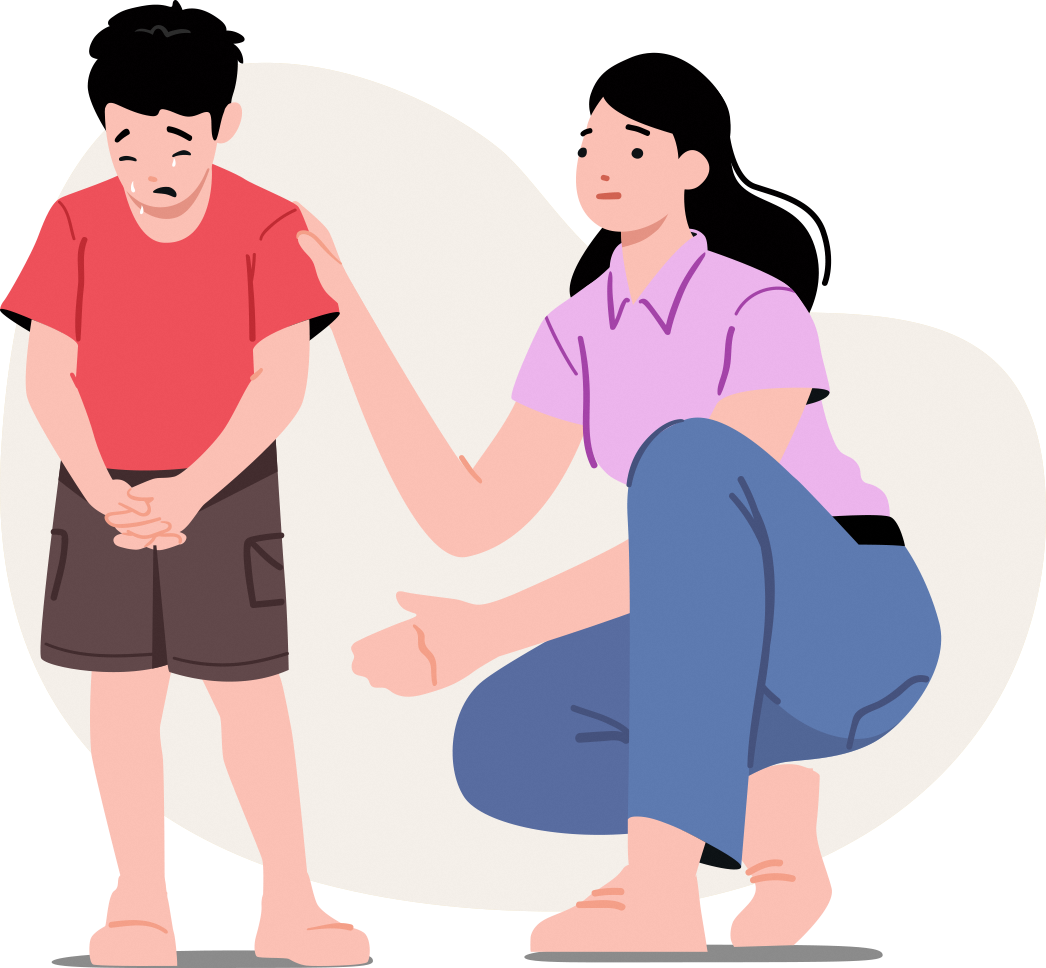 A woman comforting a young boy who looks sad