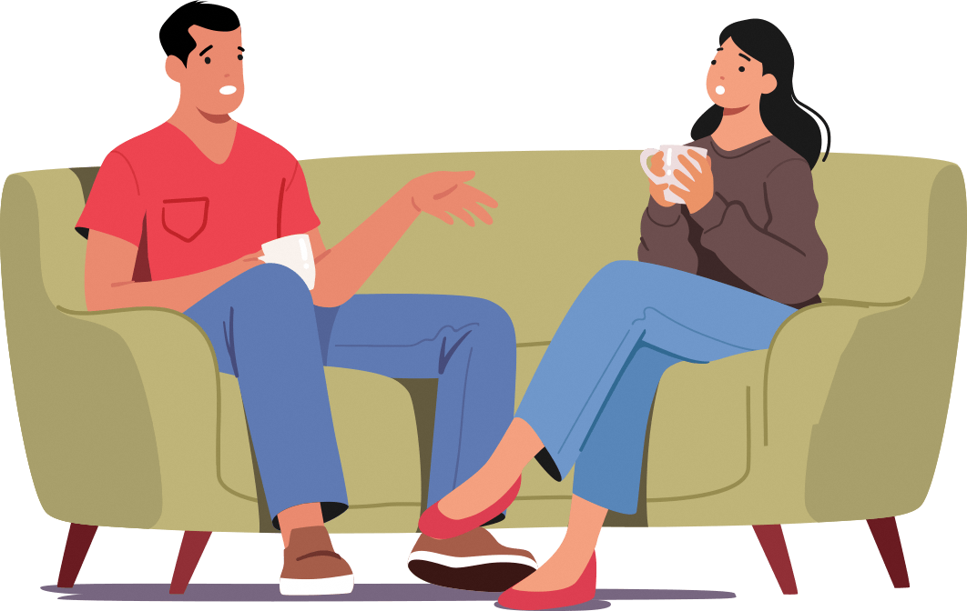 Two people sitting on the couch and having a conversation