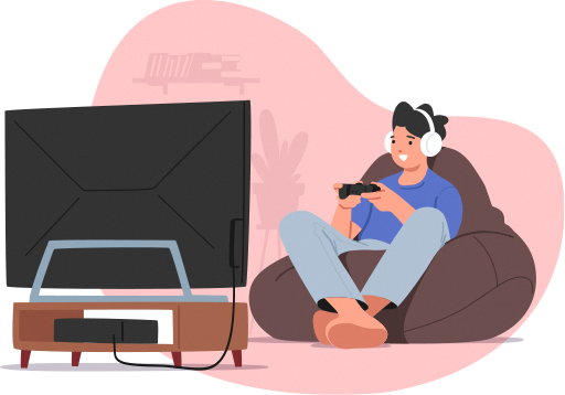 A guy playing console games with a big TV screen in front of him