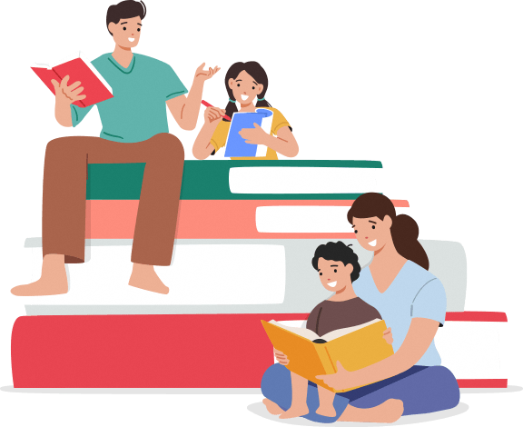 A family spending time reading together happily
