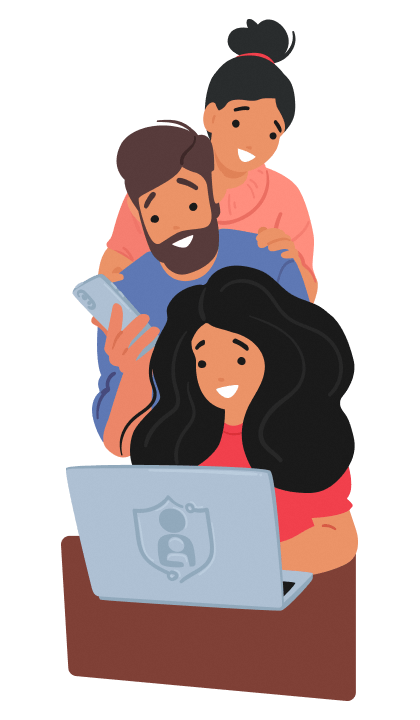 Parents and their child using the laptop with protection